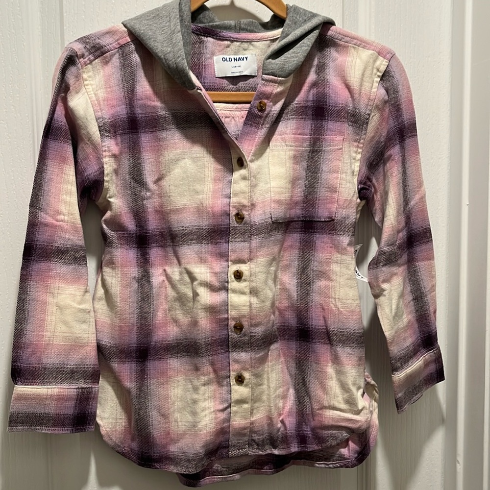 Old Navy girls purple plaid button down with hood